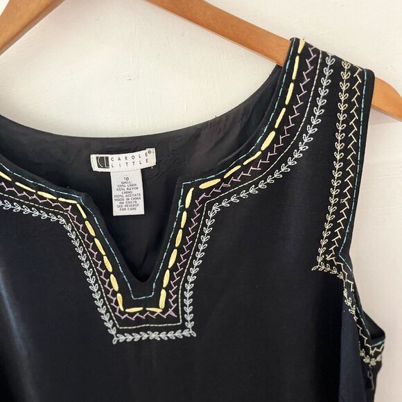 Carol Little Woman's Black Embroidered Bohemian Linen Maxi Dress Sz 10 - Picture 7 of 11